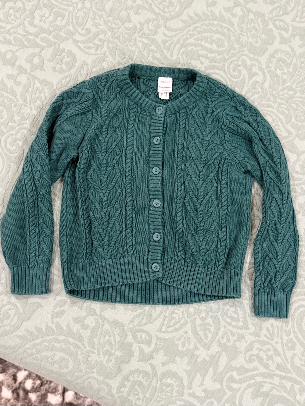 Hanna Andersson Dark Green Cable-Knit Girls Button Cardigan Size 8 EUC